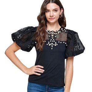 Black beaded top with Lace puff sleeves